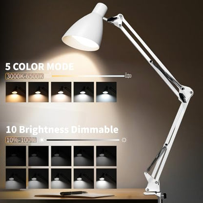 Swing Arm Desk Lamp with Clamp, Adjustable Arm LED Clamp on Desk Lamps with 5 Color Modes and 10 Brightness for Home Office Reading Drafting Study (White) - color: White