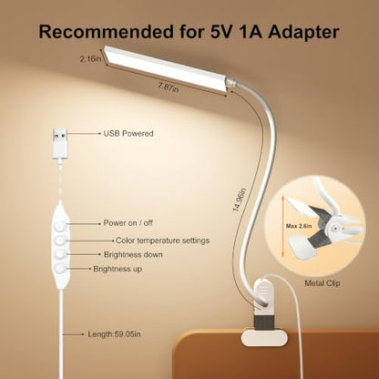 Vansuny Clip on Light LED Desk Lamp with Metal Clip, 6 Level Brightness 3 Color Modes, Power by USB Port 5W Adjustable Neck Eye-Caring Reading Light for Home and Office, White - color: White