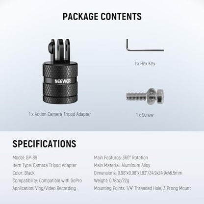 NEEWER Action Camera Tripod Mount Adapter Compatible with GoPro Hero 13 Go Pro 12 11 10 9 Black DJI Osmo Action 5 Pro 4 3, 360° Swivel 1/4"-20 to 3 Prong Mount for Standard 1/4 Accessories, GP-89 - style: GP-89