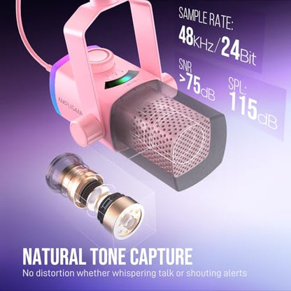 FIFINE XLR/USB Gaming Microphone Kit with Boom Arm Stand, RGB Streaming Mic for Computer Compatible with PC/PS4/PS5, Podcast Mic Set with Headphone Jack, Volume Knob, Mute-AmpliGame AM8PROT Pink - color: Pink