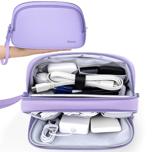 Skycase Travel Cable Organizer - Lightweight Water Resistant Dual-Layer Tech Pouch with Wrist Strap 11 Compartments Electronic Organizer Travel Case for Charger Cord Hard Drive,Large,Purple - color: Purple, style: L