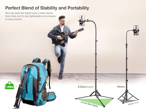 elitehood 6.8 Feet Tall Phone Stand Tripod, Aluminum iPhone Tripod [Lightweight & Ultra Stable], Adjustable Phone Recording Stand Compatible with iPhone 15 Pro Max/15 Pro/14 13, Android Cell Phone - style: Lightweight Tripod