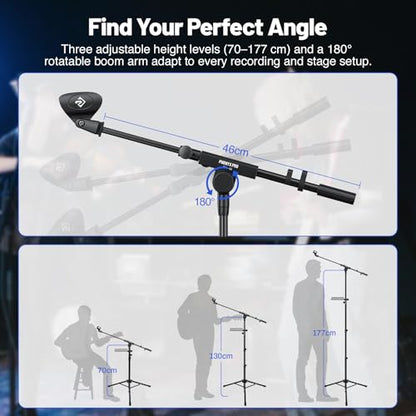 PHENYX PRO Microphone Stand with 22x16cm Large Tray, Adjustable Stand Height, Dual Mic Clips & Carrying Bag, Ideal for Live Streaming, Recording, and Speeches （MA-S1）