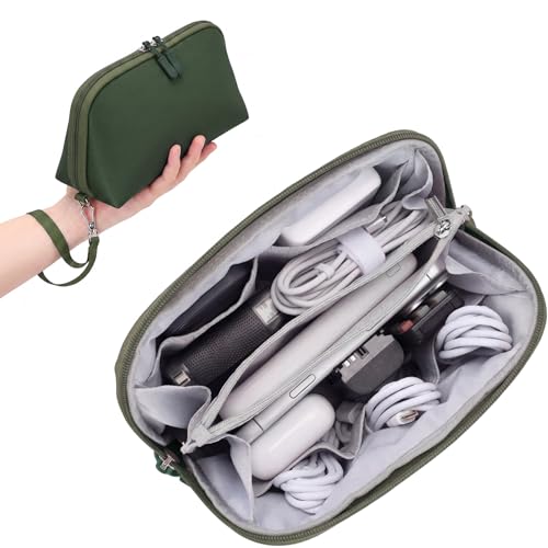 FYY Travel Cable Organizer - 8 Compartments, Lightweight, Water Repellent | With Wrist Strap, Portable Tech Pouch for Cord Charger, Travel and Business Trips Use, Soft Shell Nylon, Green (Medium) - color: Green, size: (M) 8.9"× 5.1"× 3.3"