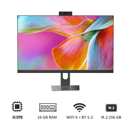 All in One Desktop Computer, 24" Display, i5 CPU Up to 3.3 GHz, 16GB RAM, 256 GB SSD, Privacy Protection Webcam, WiFi 6 + BT 5.3, Win11 Home, Black