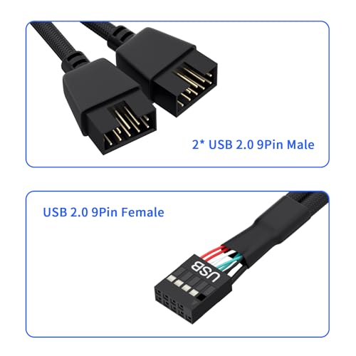 OwlTree 2 Pack Motherboard 9 Pin USB 2.0 to Dual 9 Pin Extension Splitter | Motherboard USB Splitter 9 Pin Header Cable, USB2.0 Header Splitter for Internal Computer Motherboard (Braided Black)
