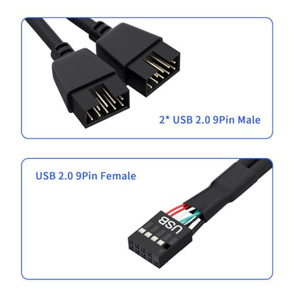 OwlTree 2 Pack Motherboard 9 Pin USB 2.0 to Dual 9 Pin Extension Splitter | Motherboard USB Splitter 9 Pin Header Cable, USB2.0 Header Splitter for Internal Computer Motherboard (Braided Black)