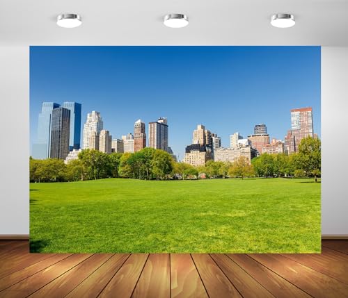 15x8ft New York City Central Park Backdrop Green Grass Land City View Photography Background Blue Sky Sunny Day Garden Grass Backdrop for Holiday Birthday Party Wedding Portrait Prop - size: 15x8FT