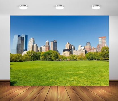 15x10ft New York City Central Park Backdrop Green Grass Land City View Photography Background Blue Sky Sunny Day Garden Grass Backdrop for Holiday Birthday Party Wedding Portrait Prop - size: 15x10FT