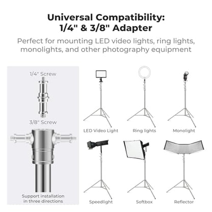 K&F CONCEPT 9.2ft/2.8m Stainless Steel Light Stand, Spring Cushioned Heavy Duty Photography Tripod Stand with 1/4” to 3/8” Universal Screw Adapter for Strobe,LED Video Light,Ring Light,Softbox