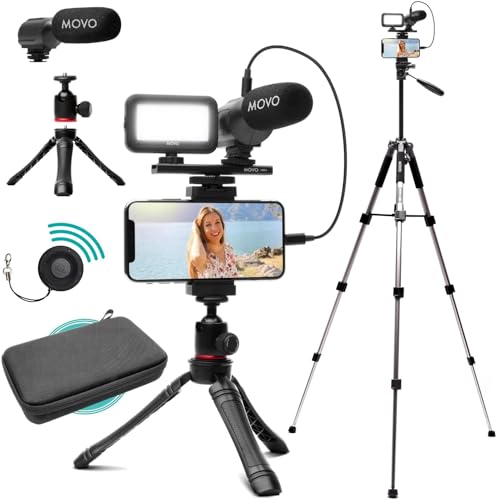 Movo iVlogger Vlogging Kit for iPhone with Fullsize Tripod - Lightning Compatible YouTube Starter Kit for Content Creators - Accessories: Tripods, Phone Mount, LED Light and Shotgun Mic - size: Lightning