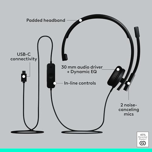Logitech H570e USB Headset with Microphone for PC and Mac, USB-C Wired Headset with Mono Sound, Noise-Canceling Mics and Inline Controls, Certified for Microsoft Teams, Black (Pack of 12) - size: Teams (Pack of 12), style: Mono