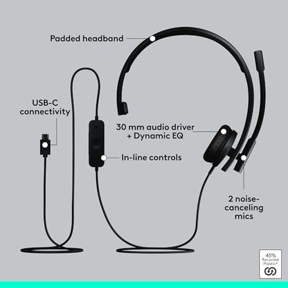 Logitech H570e USB Headset with Microphone for PC and Mac, USB-C Wired Headset with Mono Sound, Noise-Canceling Mics and Inline Controls, Certified for Microsoft Teams, Black - size: Teams, style: Mono