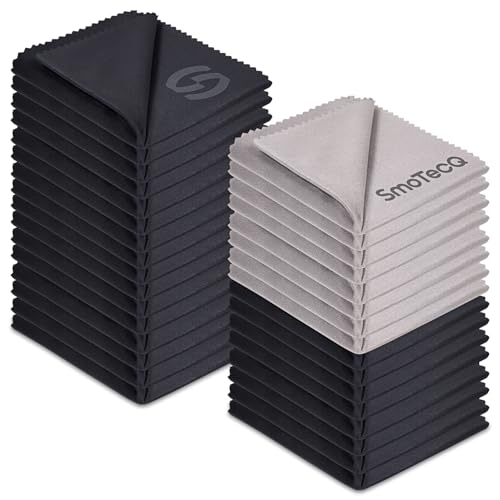 SmoTecQ 32 Pack Microfiber Cleaning Cloths for Glasses (Individually Wrapped) - Premium Optical Lens Cleaner for Screens, iPhone, iPad, Camera & Eyeglasses - Washable & Lint Free (Black & Grey) - color: 32 Pack – Black + Grey