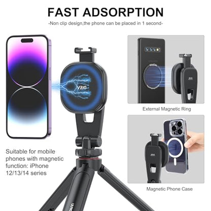 VRIG MG-03 Magnetic Phone Tripod Mount for iPhone and MagSafe Cases | 360° Rotation Cold Shoe, Camera Phone Mount Compatible with iPhone 17 16 15 14 13 12 Series, Phone Holder for Camera, Tripod - size: MG-03