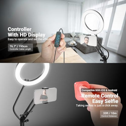NEEWER Entry Level Version N41 8" LED Ring Light with Desk Clamp Stand/Remote, Overhead Phone Mount Holder Compatible with iPhone, Streaming Video Recording Selfie Nail Tech Food Photography Lighting