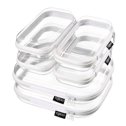 YQBRAO 6 Pack Clear Hard Shell Beauty Organizer (2M+4S), 1.2mm Crush-Proof Cosmetic Case, Reinforced YKK Zippers, Stadium Approved Security Bag for Skincare, Toiletries & Electronics, Multi-Size Set - color: White, size: 6 Pack (2M+4S)