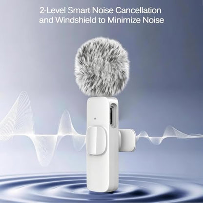 White Wireless Lavalier Microphone for iPhone & Android - Mini Clip-On Mic with Noise Cancellation 2 Pack Lapel Mic Plug and Play Wireless Mic for Video Recording Interview Podcast Vlog YouTube