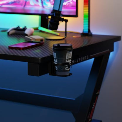 BestOffice | 47" Gaming Desk | Black & Blue | Carbon Fiber Textured Computer Desk | Sturdy Steel Frame,Cup Holder, Headphone Hook, Cable Management Holes, Adjustable Leg Pads | for Gamers,Home,Office - color: Black&blue, size: 47 Inch R Shaped