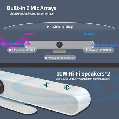 4K USB Video Conference System, 120°Wide Angle Camera, 6x Noise-reducing Mics, 2x 10W Hi-fi Speaker for Small & Medium Conference Rooms, Auto Framing & Tracking for PC Meetings, Microsoft Teams & Zoom