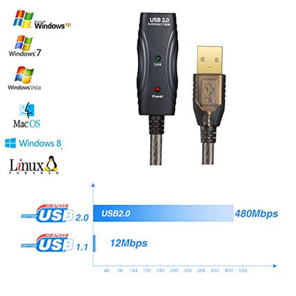 USB 2.0 A Male to A Female Extension Cable USB Active Repeater Cord with Built-in Signal Booster for Printer, Keyboard, Game Console, Loudspeaker, Oculus Rift, scanners(50 Feet with Led Light) - size: 50 Feet with Led Light