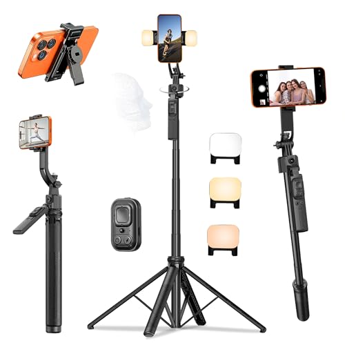 63" Phone Tripod with Auto Face Tracking, 360° Rotation Selfie Stick Tripod for iPhone & Action Camera, Detachable Phone Holder & Wireless Remote, Portable Tripod for Video Recording/Vlogging/Live - size: Tripod with 2 Mini Square Lights