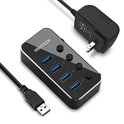 Powered USB Hub, RSHTECH 4 Port USB 3.0 Hub Splitter Portable Aluminum USB Data Hub Expander with Individual On/Off Switch and Universal 5V AC Adapter, 3.3ft USB 3.0 Cable (RSH-516) - size: 4-Port Powered USB 3.0 Hub