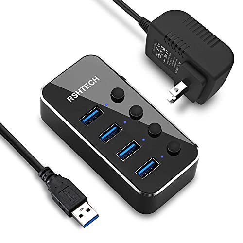 Powered USB Hub, RSHTECH 4 Port USB 3.0 Hub Splitter Portable Aluminum USB Data Hub Expander with Individual On/Off Switch and Universal 5V AC Adapter, 3.3ft USB 3.0 Cable (RSH-516) - size: 4-Port Powered USB 3.0 Hub