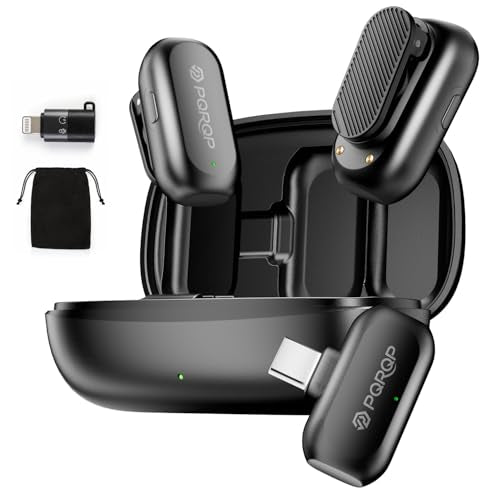PQRQP Wireless Lavalier Microphone for iPhone/iPad/Android, 164ft Transmission, Mini Microphone with AI Noise Cancellation & Hi-Fi Sound, 24H Charging Case, Mic Ideal for Video Recording - color: Glossy Black