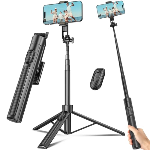 Selfie Stick Travel Tripod for Cell Phone with Remote Control and Phone Holder, Extendable Selfie Stick for iPhone, iPhone Tripod for Video Recording, 63 Inch, Black - color: Black, size: 63 Inch