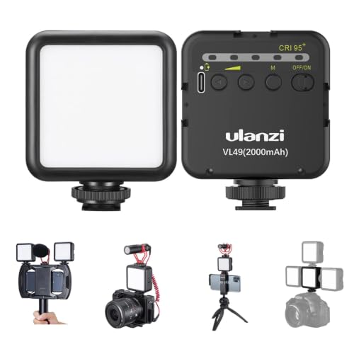 ULANZI VL49 2000mAh LED Video Light w 3 Cold Shoe, Rechargeable Soft Light Panel, Portable Photography Lighting for DJI OSMO Sony DSLR Canon Camera GoPro Vlogging - color: Black