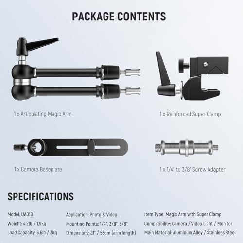 NEEWER 21" Magic Arm Camera Mount with Super Clamp, Overhead Desk Mount with 360° Dual Ball Head, 1/4" 3/8" 5/8" Stud Adapter for PA073 PA074 Phone Cage Rig DSLR Camera Monitor Video Light, UA018 - style: UA018