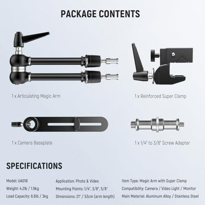 NEEWER 21" Magic Arm Camera Mount with Super Clamp, Overhead Desk Mount with 360° Dual Ball Head, 1/4" 3/8" 5/8" Stud Adapter for PA073 PA074 Phone Cage Rig DSLR Camera Monitor Video Light, UA018 - style: UA018