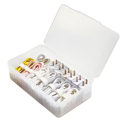 Cable Organizer Box Extra Wide, Travel Charger Cord Earphone Storage Case with Lid (Translucent White) - color: Translucent White