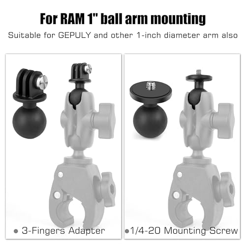 GEPULY 2pcs 1''/25mm Ball Head Mount 1/4"-20 Threaded Stud+Tripod Adapter for Gopro Hero Series/AKASO/Insta360/DJI OSMO Action Camera, Fit RAM Ball Head Mount B Size Double Socket Arm