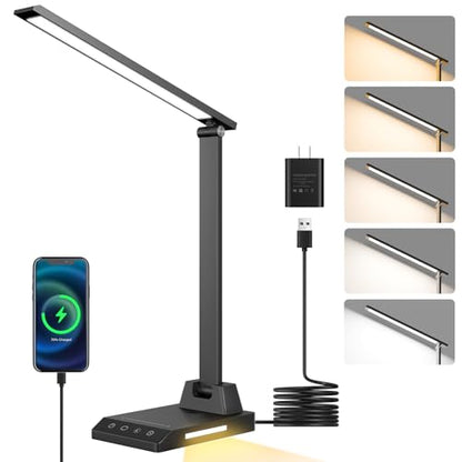 ShineTech LED Desk Lamp with USB-C Charging Port, Dimmable Desk Lamp for Home Office, Eye-Caring Reading Lamp with 25 Lighting Modes, Small Desk Light for Bedroom Nightstand with Adapter - color: Black