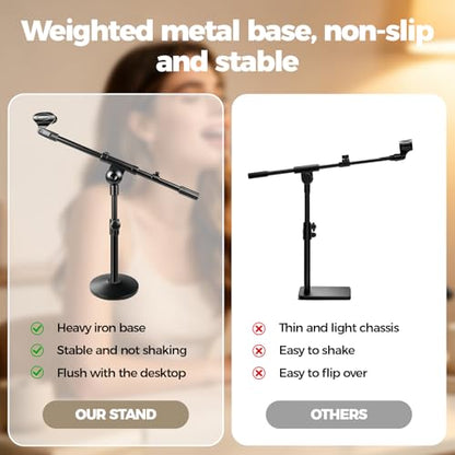 Microphone Stand Desk Adjustable, Boom Arm Desktop Mic Stand Metal Weighted Base, Height-Adjustable Compatible with Multiple Microphone Sizes