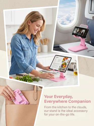 Cell Phone Stand Cute Mobile Holder For iPhone Desk Office Accessories | for thick cases; Under 12" Tablets, e-readers; Folds flat; Anti-slip; Weighted base - color: 02-Pink