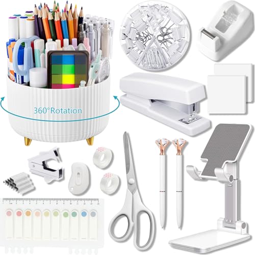 Office Supplies, White Desk Accessories,Desk Organizer,Phone Stand,Scissors,Stapler,Tape Dispenser,Binder clips,Staples,staple remover,Sticky Notes,Index Tabs,Clear Tape,Mini Box Cutter,Cool Pen.16pcs - color: 16 Pcs Set White, size: 16 pcs set