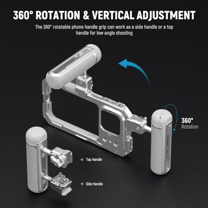 NEEWER Quick Release Side Handle with Anti Off Cold Shoe, 360° Rotation, Nonslip Grid, Compatible with iPhone 16 Pro 16 Pro Max S25 Ultra Phone Cage Accessories, Silver + Gray, PA045 - style: PA045 Silver/Gray