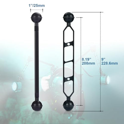 2Pcs 1" Ball to YS Head Adapter with 9'' Extension Arm Aluminum Alloy Underwater Dual Ball Arm for Strobe/Video Light/Diving Camera Tray, Waterproof and Rustproof