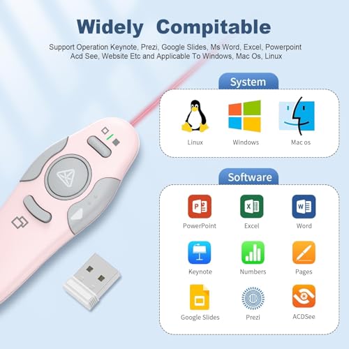 QUI Presentation Clicker Wireless Presenter Remote Clicker for PowerPoint Presentation Remote, PowerPoint Slide Advancer for Mac/Windows/Google Slide/Keynote, Pink, A - color: Pink