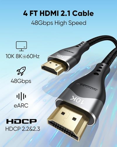 HDMI Cable 4FT 2-Pack 10K 8K 4K, HDMI 2.1 Cable 48Gbps Ultra High Speed HDMI Braided Cord 8K@60Hz, 4K@120Hz, eARC, HDR10+, HDCP2.3 for Laptop, Monitor, HDTV, Projector, PS5/PS4, Xbox - size: 4FT
