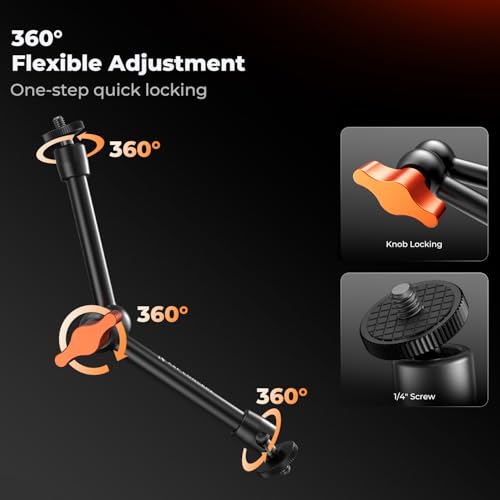 K&F CONCEPT 9.8" Magic Arm Clamp with Phone Holder, 360° Ball Heads Camera Arm Mount for Phone/LED Lights/Monitor/Flash/Microphone/DSLR Camera - style: 9.8" with phone holder