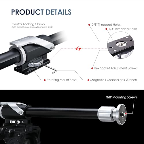 RAUBAY Tripod Extension Arm, Fixed Horizontal Boom Arm for Overhead & Top-Down Photography, Heavy-Duty Aluminum, 1/4" & 3/8" Mount, 26"–40" Adjustable for Camera, Light & Mic TE01