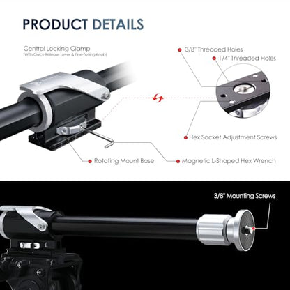 RAUBAY Tripod Extension Arm, Fixed Horizontal Boom Arm for Overhead & Top-Down Photography, Heavy-Duty Aluminum, 1/4" & 3/8" Mount, 26"–40" Adjustable for Camera, Light & Mic TE01