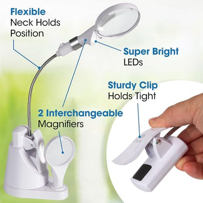 OttLite LED Clip and Freestanding Magnifier Lamp, White | 3x and 6x Interchangeable Magnifiers | Adjustable Gooseneck 2.75"-16.625" | Battery-Powered