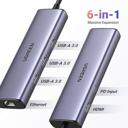 UGREEN Revodok 6 in 1 USB C Hub Gigabit Ethernet Adapter with 4K HDMI, 100W PD Charging, USB A Data Ports Compatible with MacBook Neo/Pro/Air M1, M2, M3, M4,M5,iPad, iPhone 16 Pro/Pro Max, Steam Deck