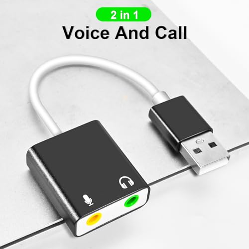QAJOPFN USB Audio Adapter, External Sound Card for PC and Laptop，USB Microphone Adapter to 3.5mm(1/8 inch) for Headphone, Speaker and Microphone Jack, Plug and Play