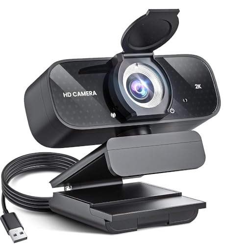 2K HD Webcam with Wide Angle Lens, Privacy Cover, Auto Light Correction and Noise-Canceling Mic, Plug & Play USB Camera for Desktop/Laptop/Mac/PC, Compatible with Teams/Zoom/Skype/Streaming Black - color: Black